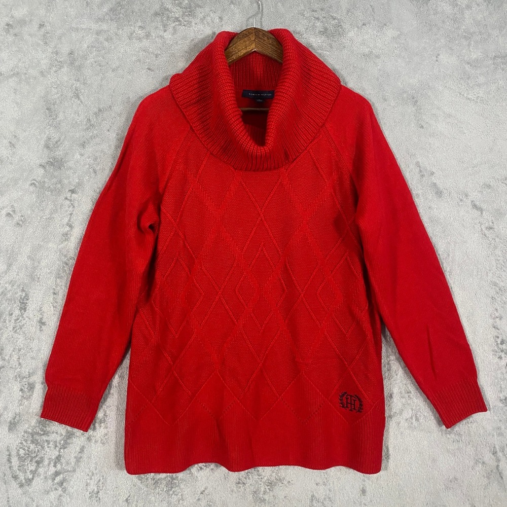 Tommy Hilfiger Sweater Sz XL Red Cowl Neck Diamond Cable Knit Pullover Logo Cozy